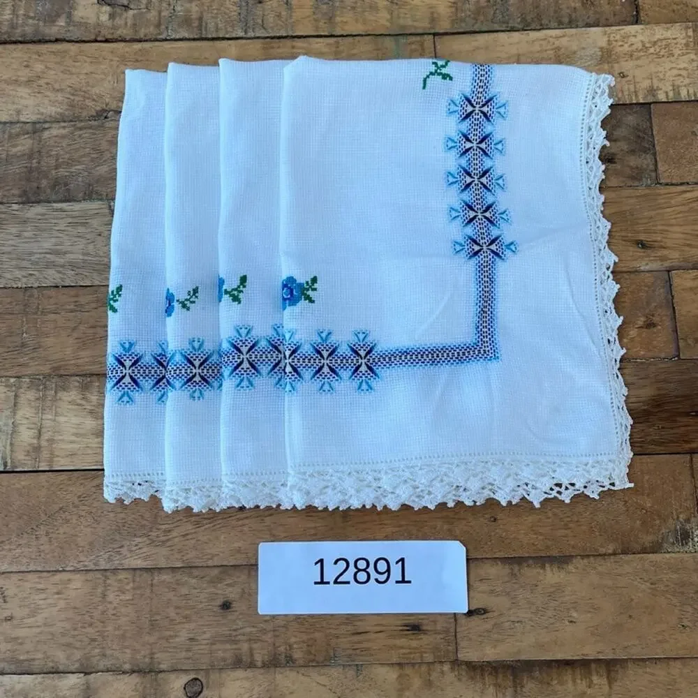 White Cotton Napkin Set (4) Handmade Blue Cross-Stitch Floral Crochet Border
